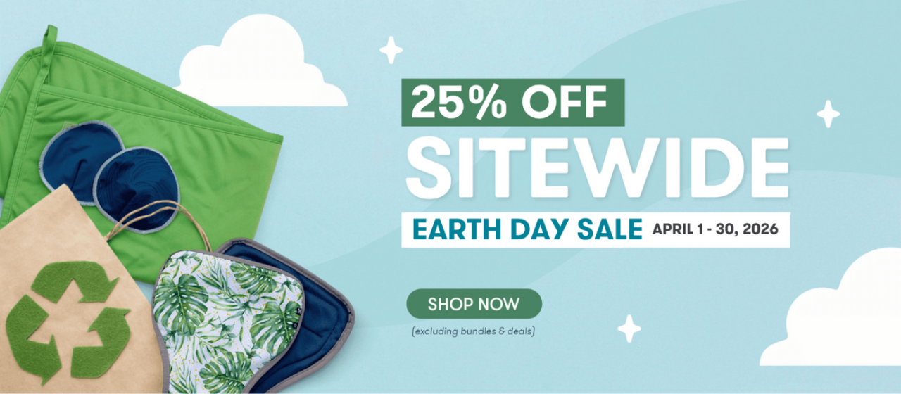 Promotional banner for a site-wide 25% off Earth Day sale with reusable products and sunglasses on a light blue background.