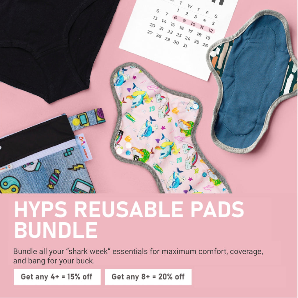Hyps reusable pads bundle on a pink background with promotional text.