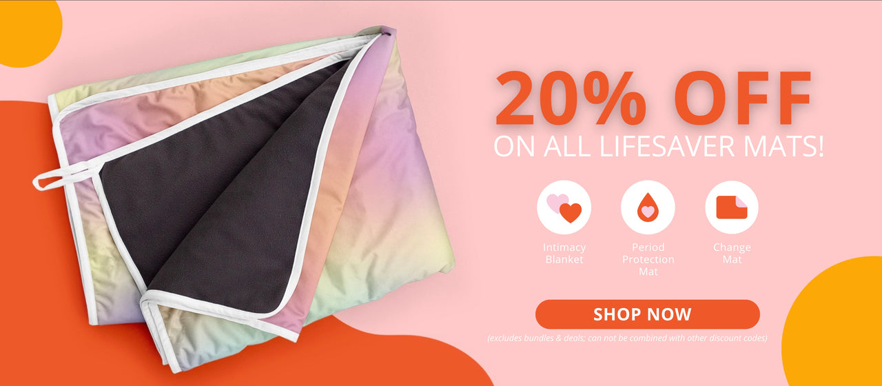 Lifesaver mat with colorful packaging on a pink and orange background, featuring a discount offer.