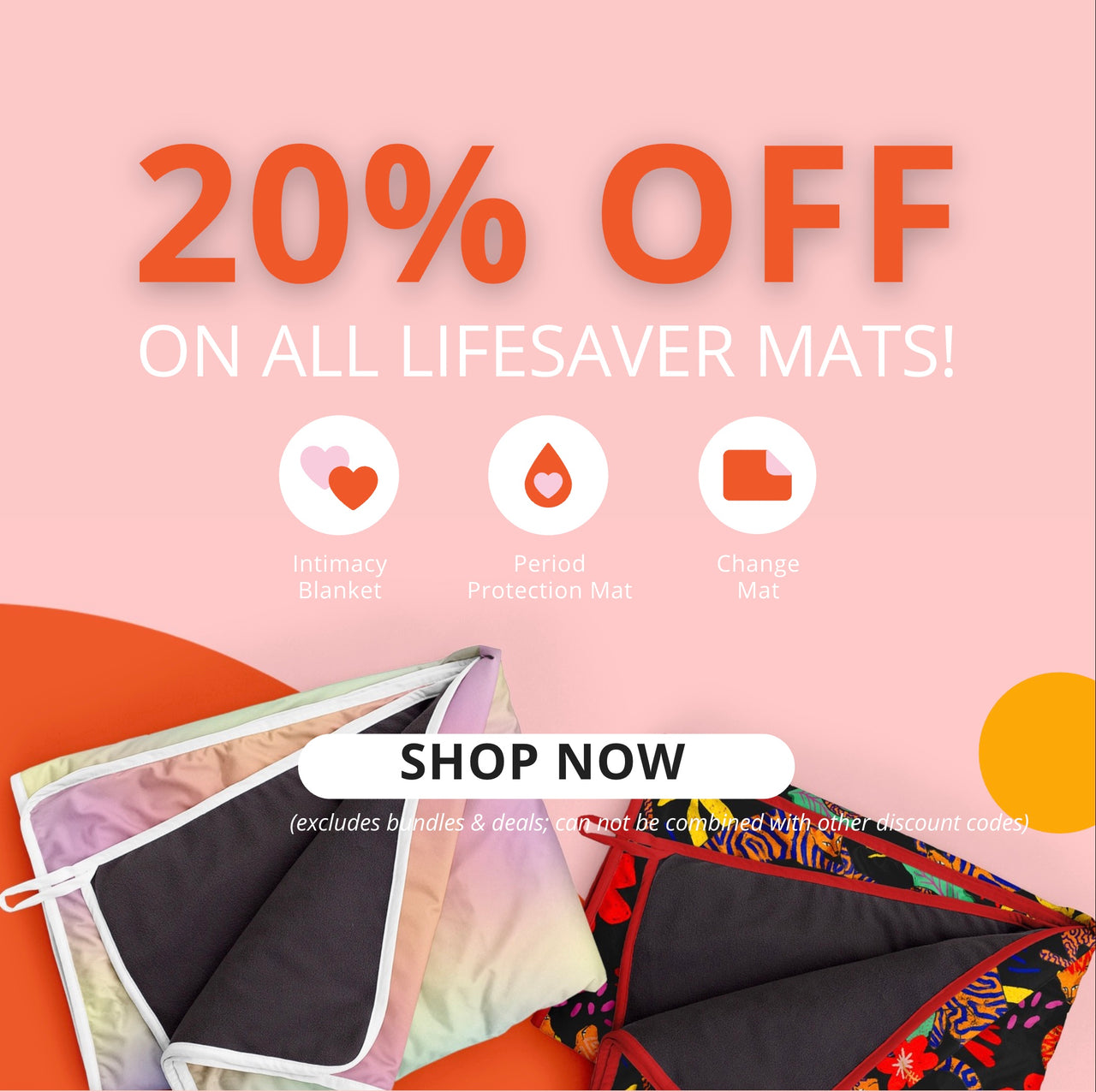 Promotional graphic for lifesaver mats with a 20% off discount on a pink background.