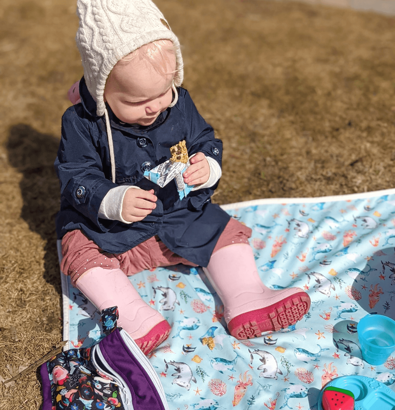 a baby having a picnic with a granola bar